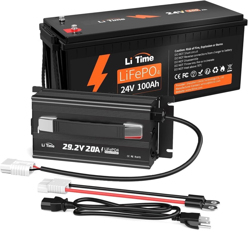 LiTime 24V 100Ah LiFePO4 Lithium Battery with 29.2V 20A LiFePO4 Battery Charger, Built-in 100A BMS, Up to Cycles, Max. 2560W Load Power for RV, Trolling Motor, Marine, Off-Grid