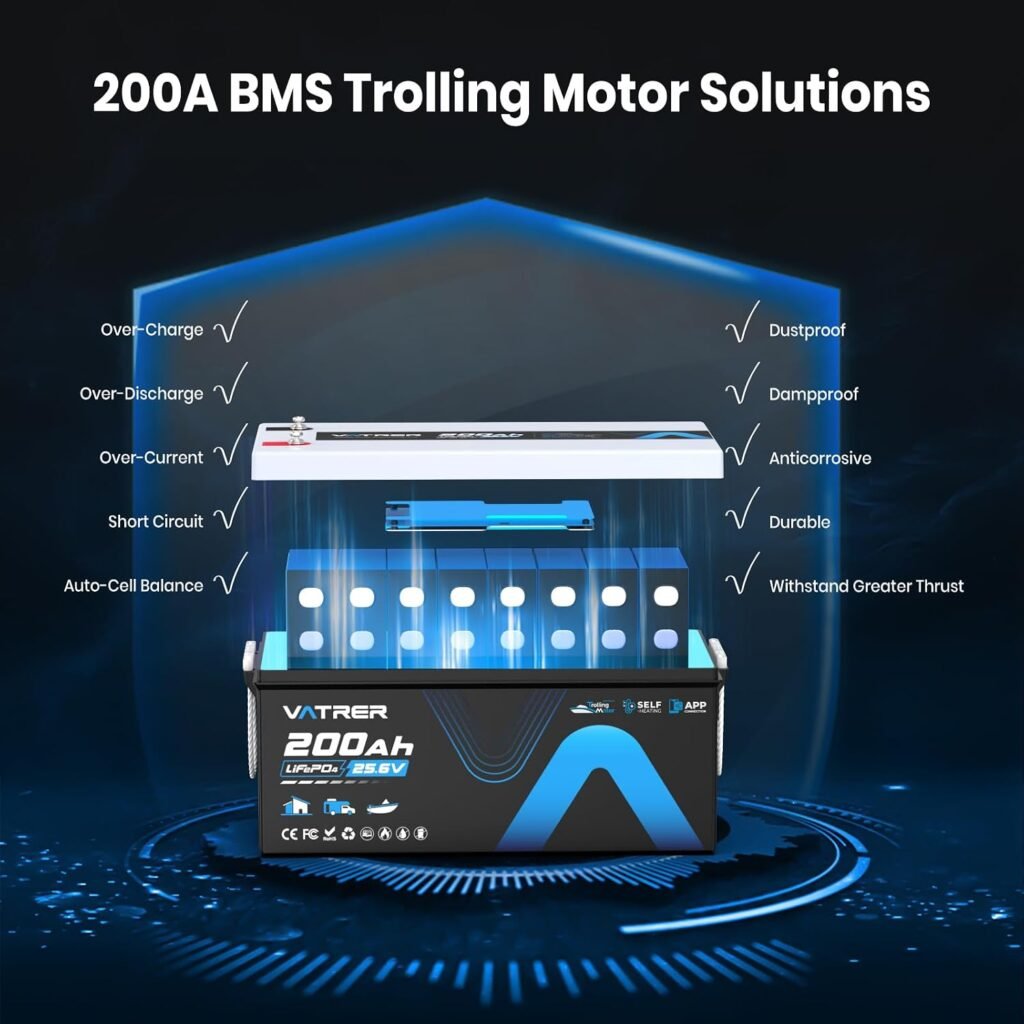 24V 200AH Self-Heating Trolling Motor LiFePO4 Lithium Battery, VATRER POWER Deep Cycle LiFePO4 Battery with 5120W Built-in 200A BMS for Trolling Motors, Marine, RV, Off-Grid Applications 24V 200AH Self-Heating Trolling Motor LiFePO4 Lithium Battery, VATRER POWER Deep Cycle LiFePO4 Battery with 5120W Built-in 200A BMS for Trolling Motors, Marine, RV, Off-Grid Applications