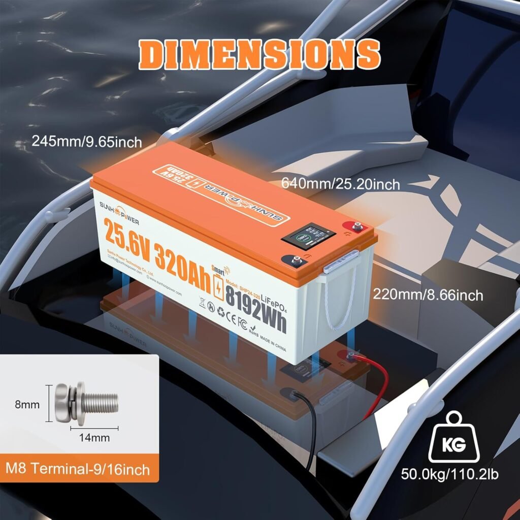 24V 320AH LiFePO4 Battery, 8192Wh Rechargeable Lithium Battery Built-in Smart 200A BMS, Bluetooth, Deep Cycle Low Self-Discharge, Perfect for RV, Marine, Solar, Backup Power, Off-Grid 24V 320AH LiFePO4 Battery, 8192Wh Rechargeable Lithium Battery Built-in Smart 200A BMS, Bluetooth, Deep Cycle Low Self-Discharge, Perfect for RV, Marine, Solar, Backup Power, Off-Grid